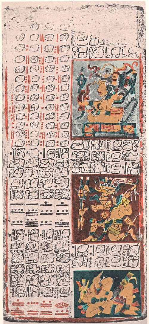 A real page from the Dresden Codex, one of the four surviving Maya codices