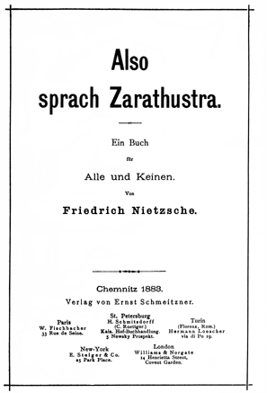 Cover of the first edition of Also sprach Zarathustra, 1883